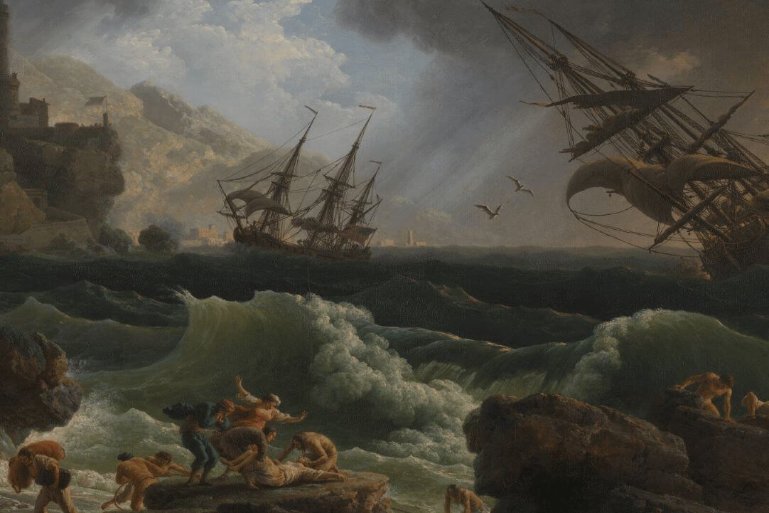 A shipwreck in stormy seas under an ominous sky of dark clouds.
