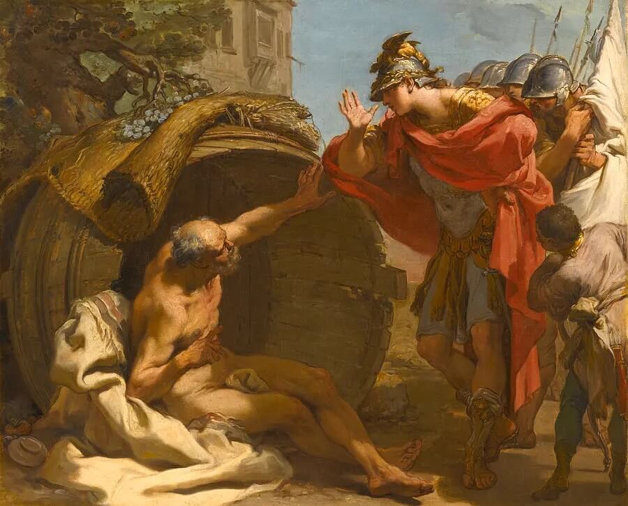 The richly clothed Alexander visiting the naked philosopher Diogenes in his tub.