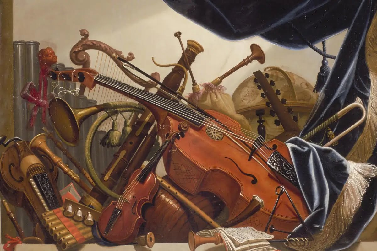 A collection of baroque instruments such as a viola da gamba, lute, recorder, and an oboe.