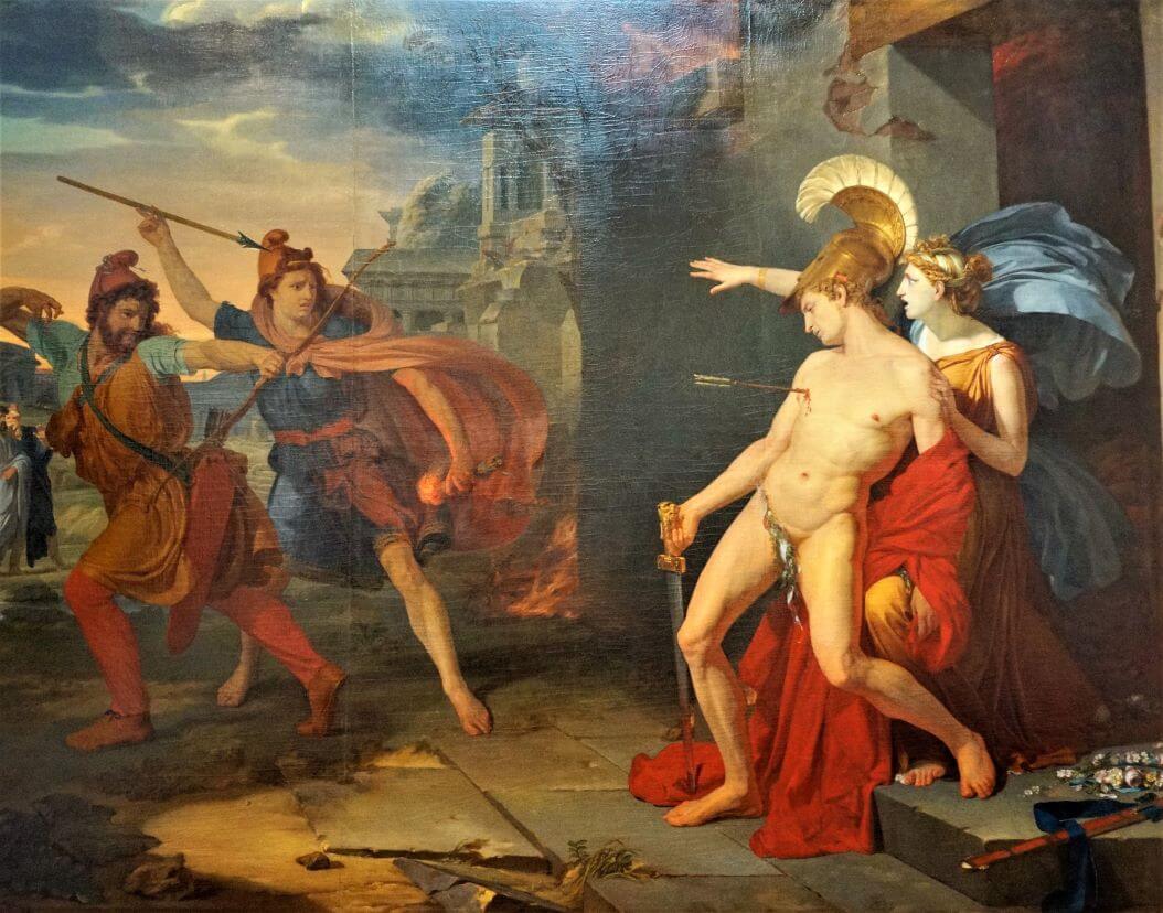 Alcibiades on the verge of collapsing while being attacked by Persian soldiers.
