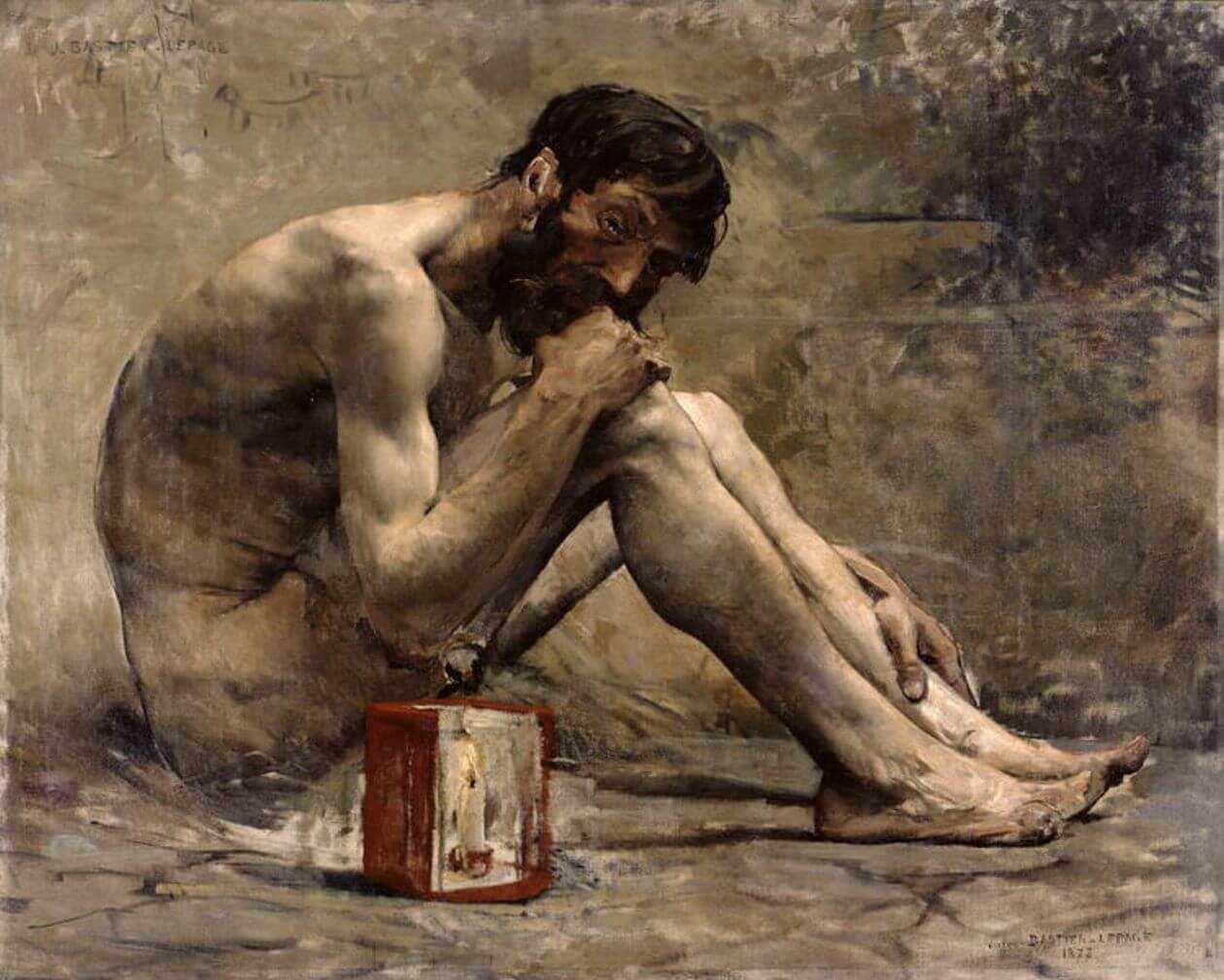 Diogenes sitting naked on the ground with nothing but his candlelight to keep him company.