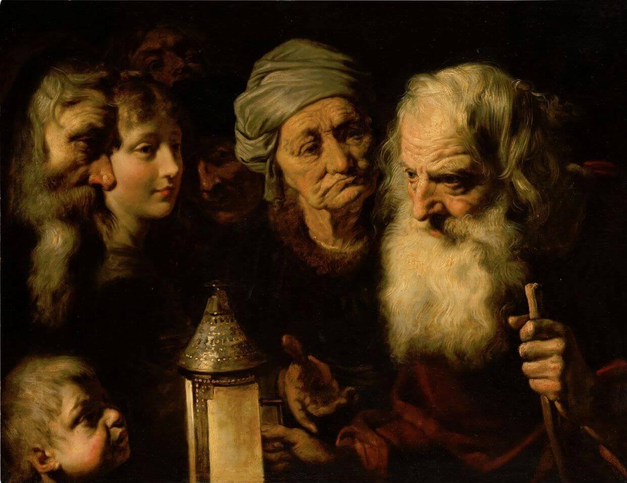 A bearded Diogenes finding his way with his candle while surrounded by curious people.