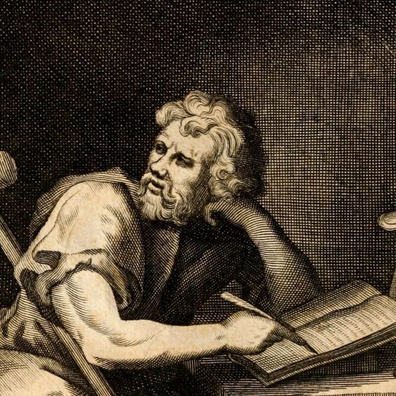 The Stoic author Epictetus writing at his desk.