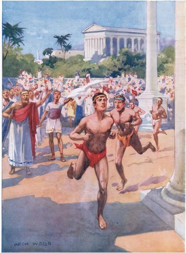 Ancient Greek runners competing at a foot race at the Olypmian Games.