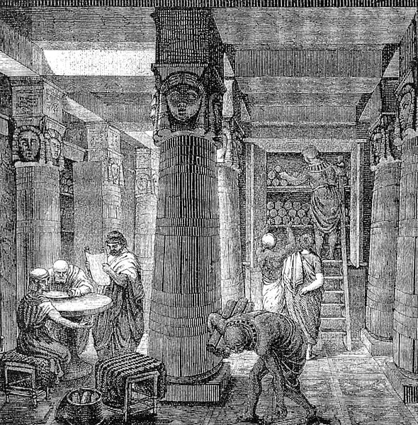 The Library of Alexandria as imagined in a black and white etching.