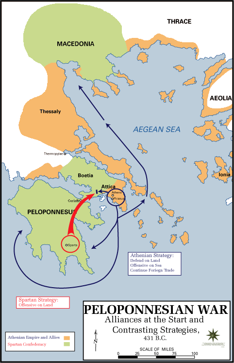 Map of the alliances in Greece at the time of the Peloponnesian Wars.