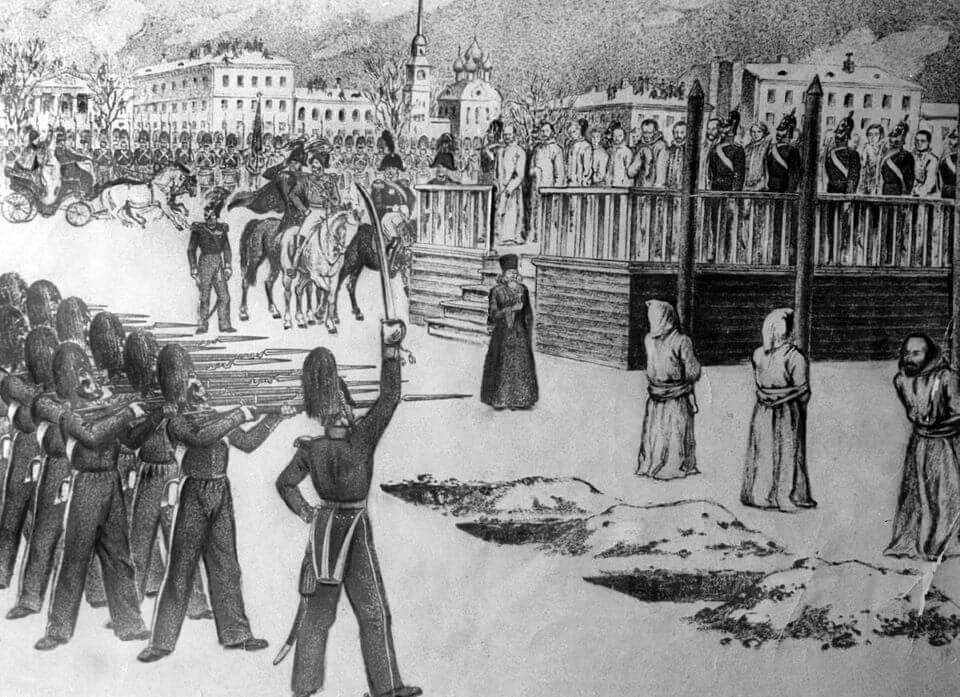 Black and white drawing of a mock-execution in the snow.