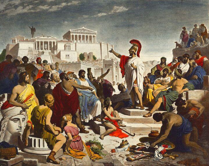 Pericles giving a speech against the background of the acropolis in ancient Athens.