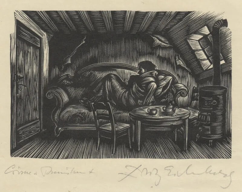 Woodgraving of a lonely man lying on the couch of his sober student room.