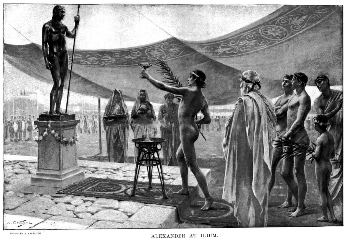 Alexander the Great offering to his childhood hero Achilles at Troy.