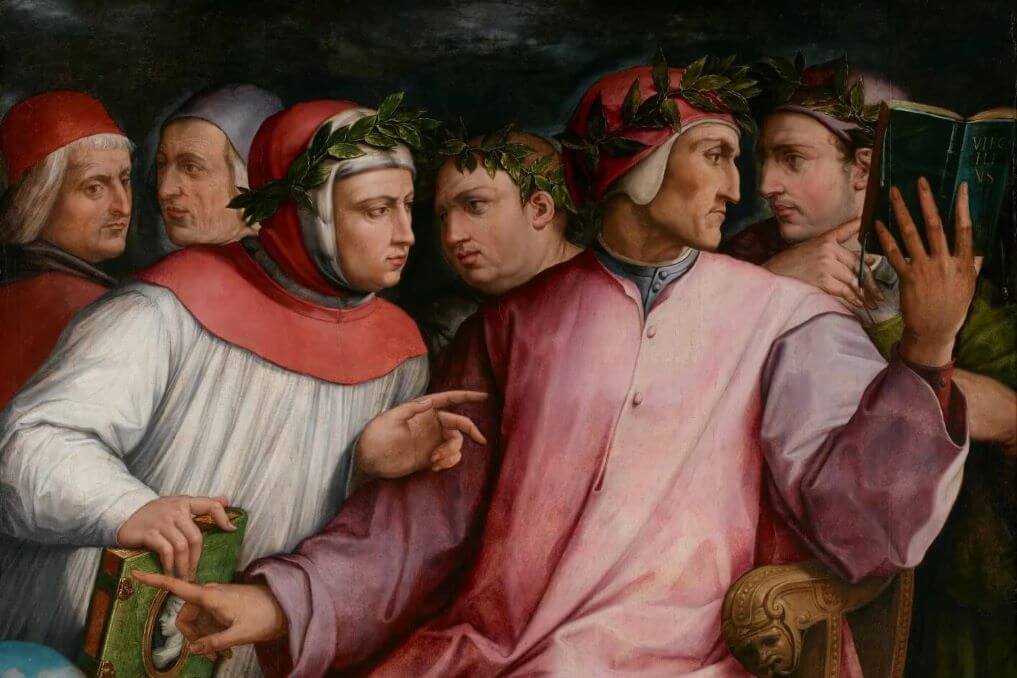 The Six Tuscan poets imagined by Vasari in laudatory fashion with laurel wreaths.