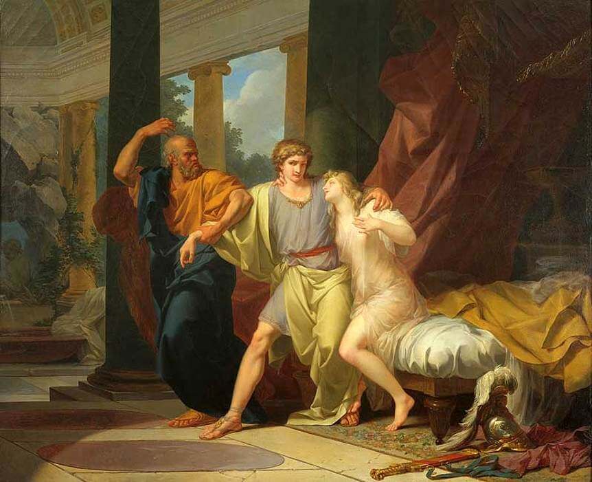 Socrates angrily dragging Alcibiades from the embrace of his lover Aspasia.