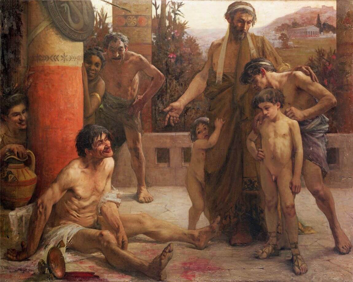 A Spartan pointing out a drunken slave to his sons.