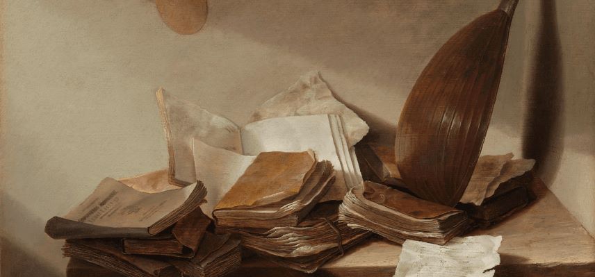 A still life of a desk containing books, loose papers, and a lute.