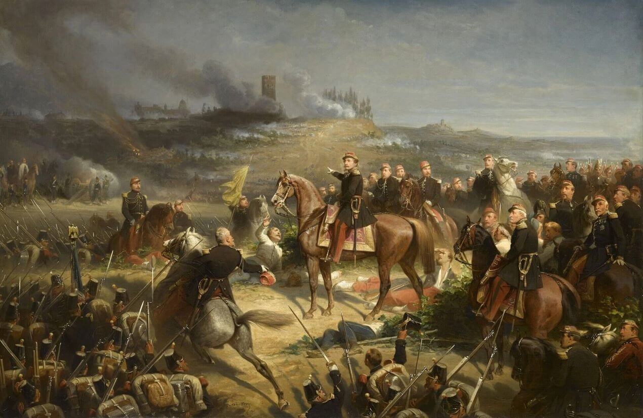 The battlefield crowded with troops at the Battle of Solferino.