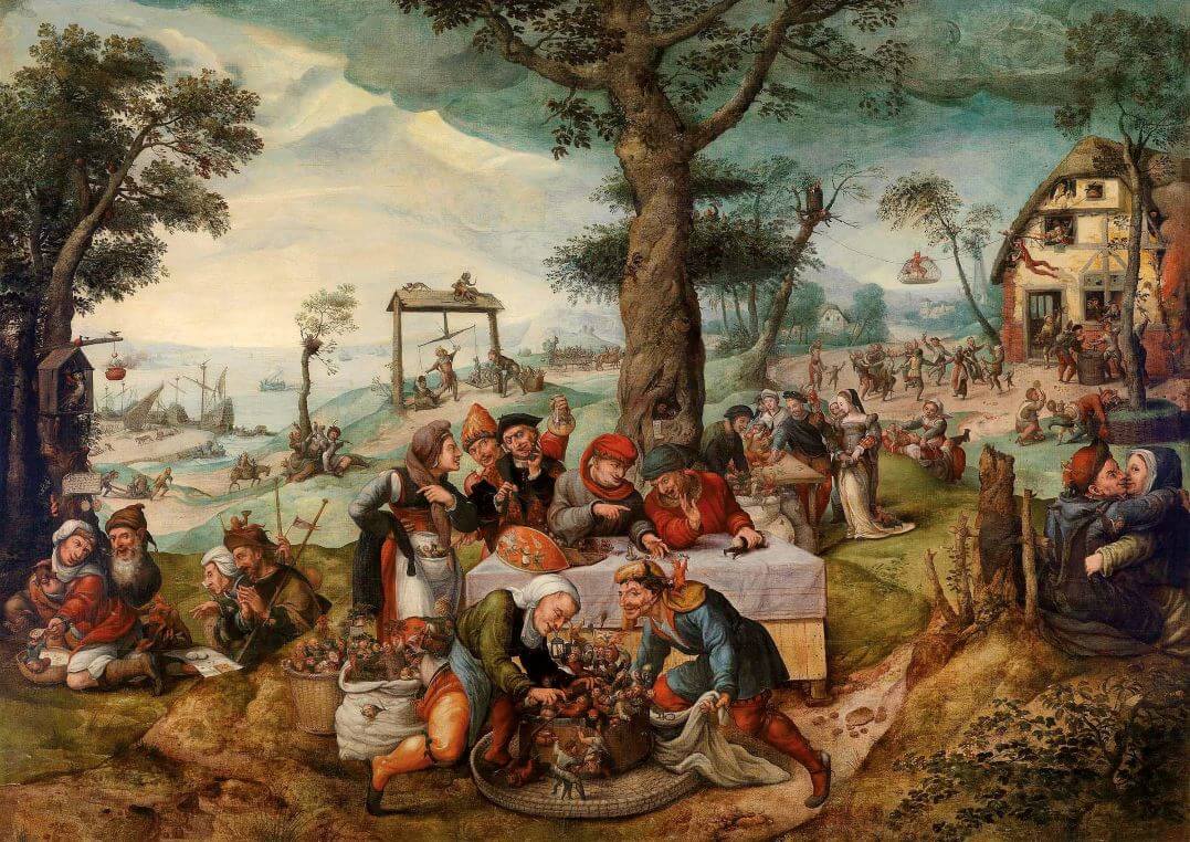 A grotesque scene of people showing their follies and human defects.