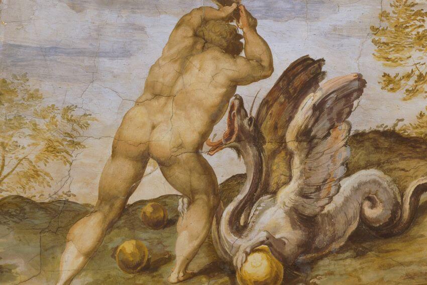 Hercules preparing to hit the dragon Ladon with his club.