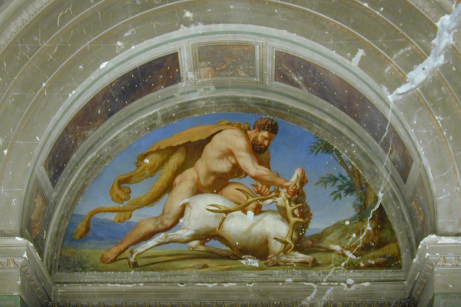 Hercules holding the Ceryneian Hind firmly in his grasp.