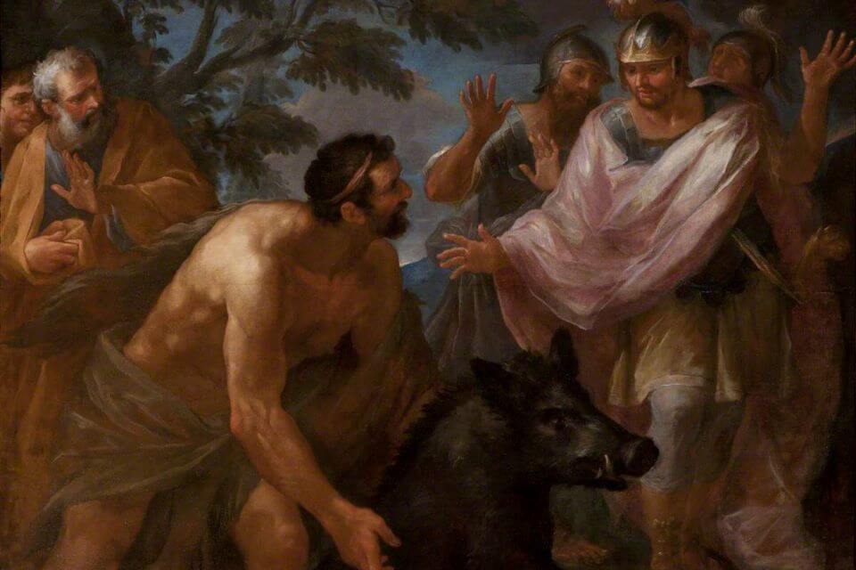 Hercules bringing the Erymanthian Boar to a sacred king Eurystheus,