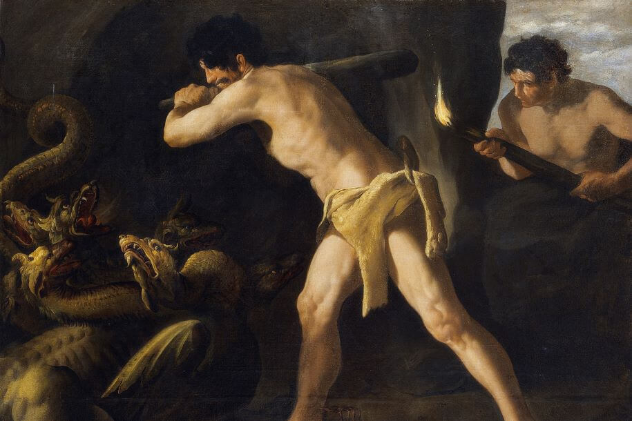 Hercules and Iolaus attacking the many-headed Hydra with a club and a torch.
