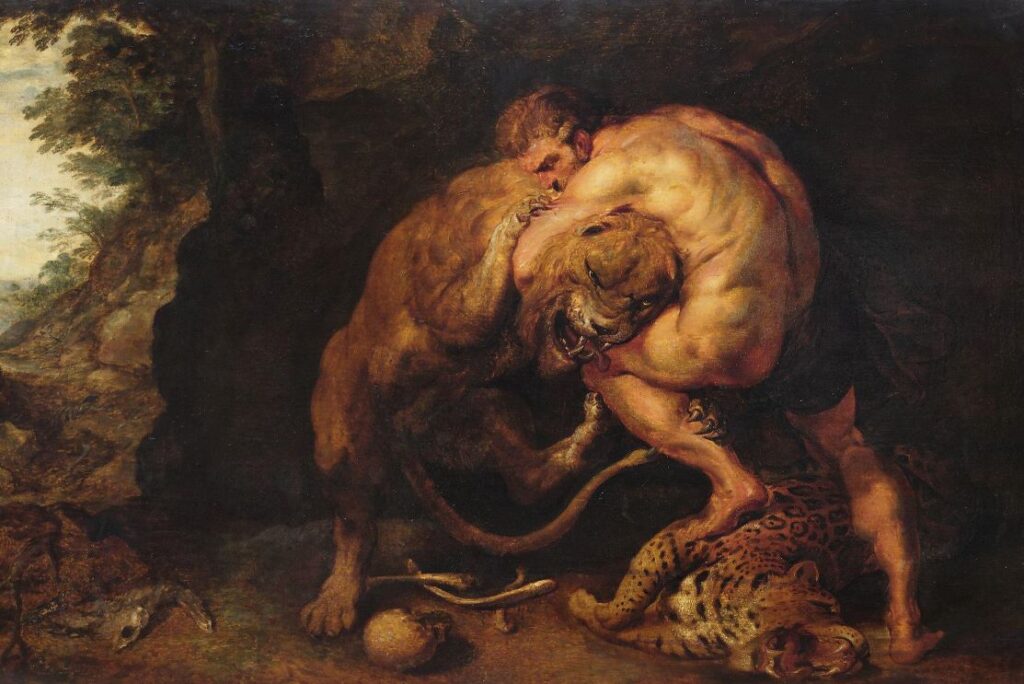 Hercules wrestling with the ferocious Nemean Lion in a dark cave.