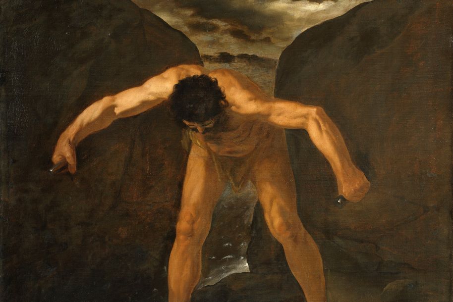 Hercules standing with his arms outstretched between two giant rocks.