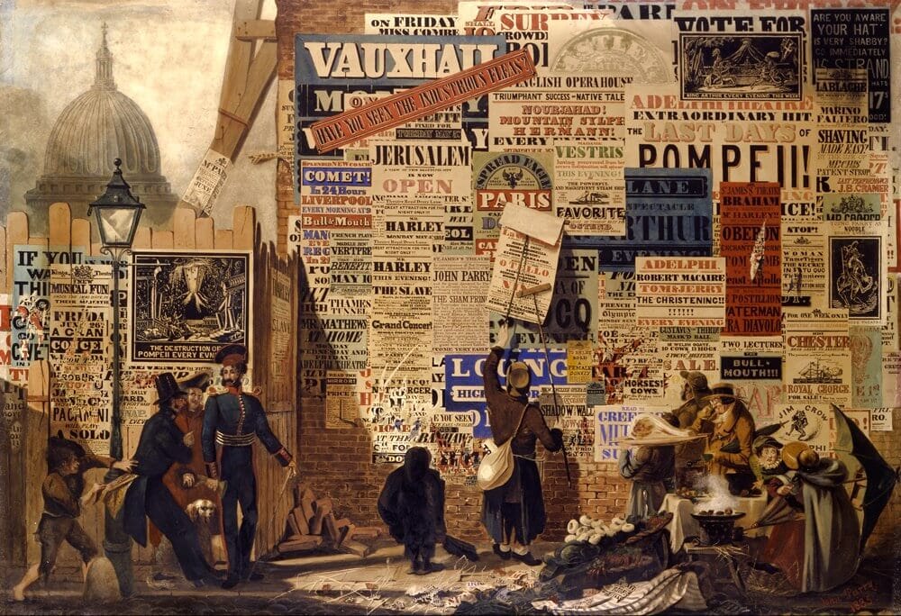 A realist painting depicting a wall full of advertisements in Victorian England.