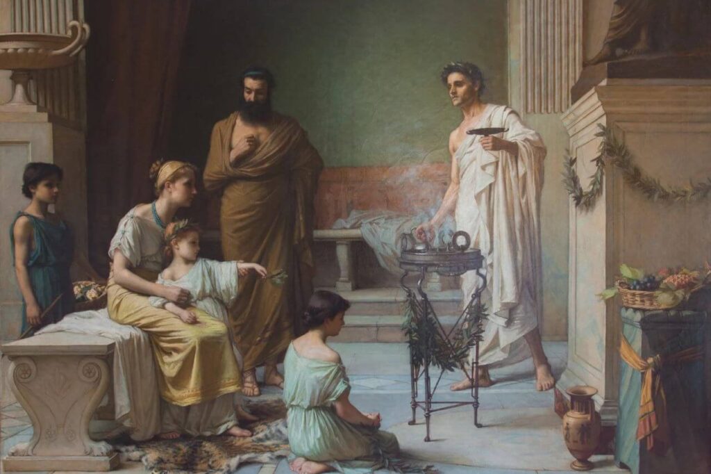 A Roman family brining their child to the temple of Asclepius