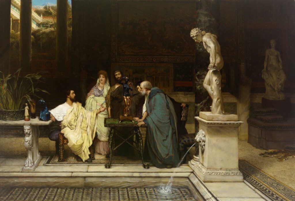 A group of Roman aristocrats admiring art in the atrium.