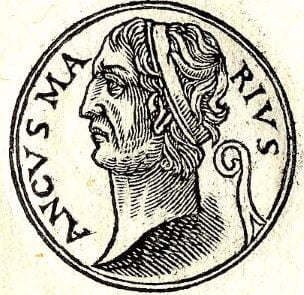 An engraved profile portrait of the fourth Roman king Ancus Marcius.