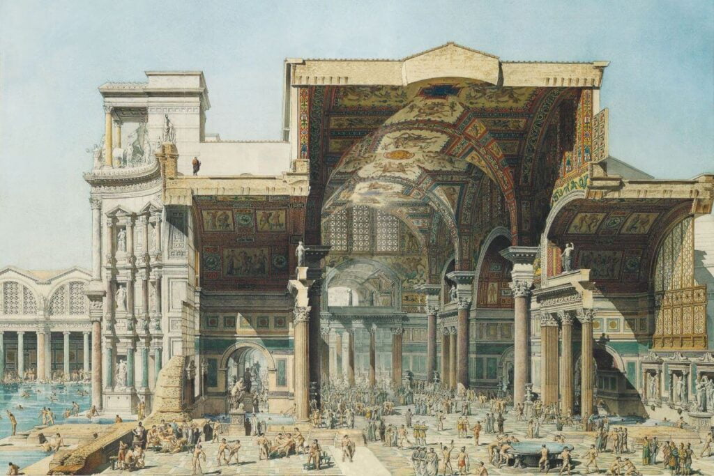 A painted cross-section of the Baths of Diocletian, showing the countless people and facilities within.