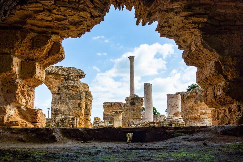 An archaeological site at Carthage, shot from a cave-like entrance.