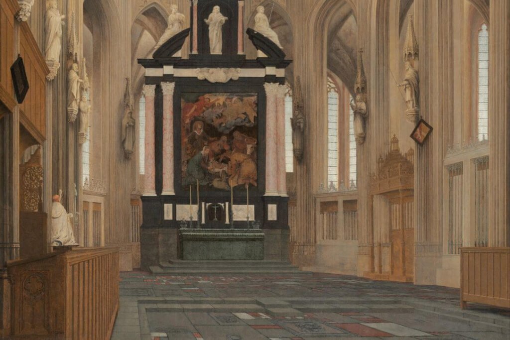 A painting of the interior of the St. John Cathedral in 's-Hertogenbosch.