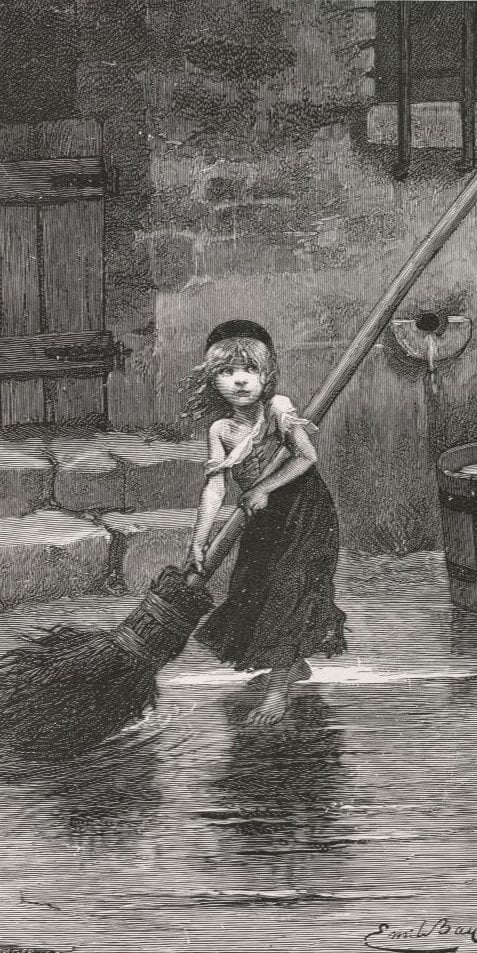 An engraving of Cosette, a character from the novel Les Misérables by Victor Hugo