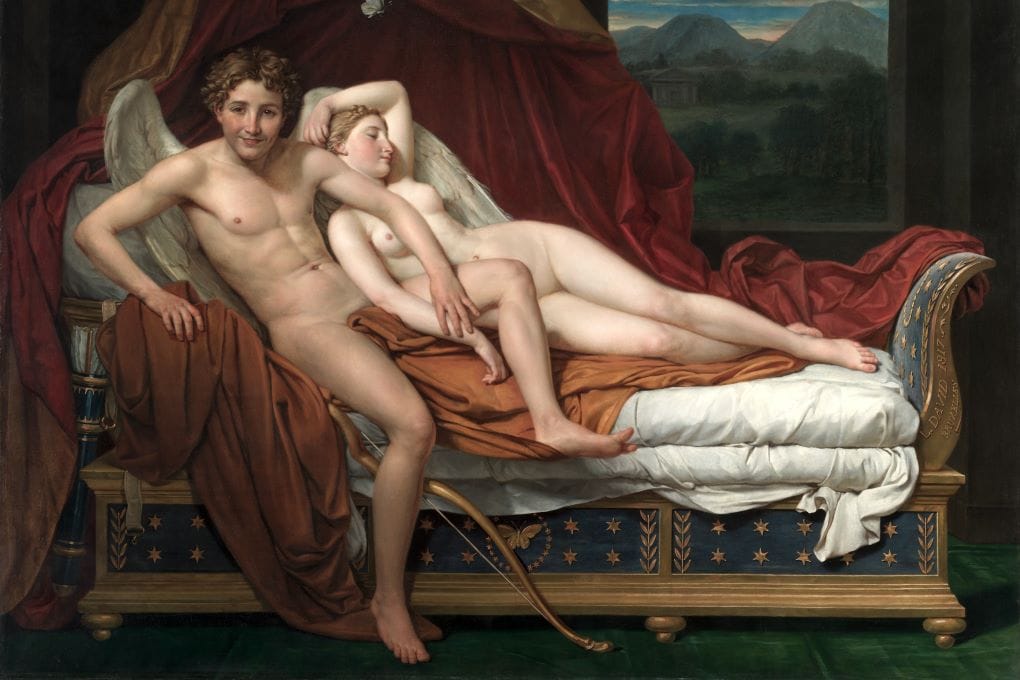 A painting depicting Cupid and Psyche lying in bed together.