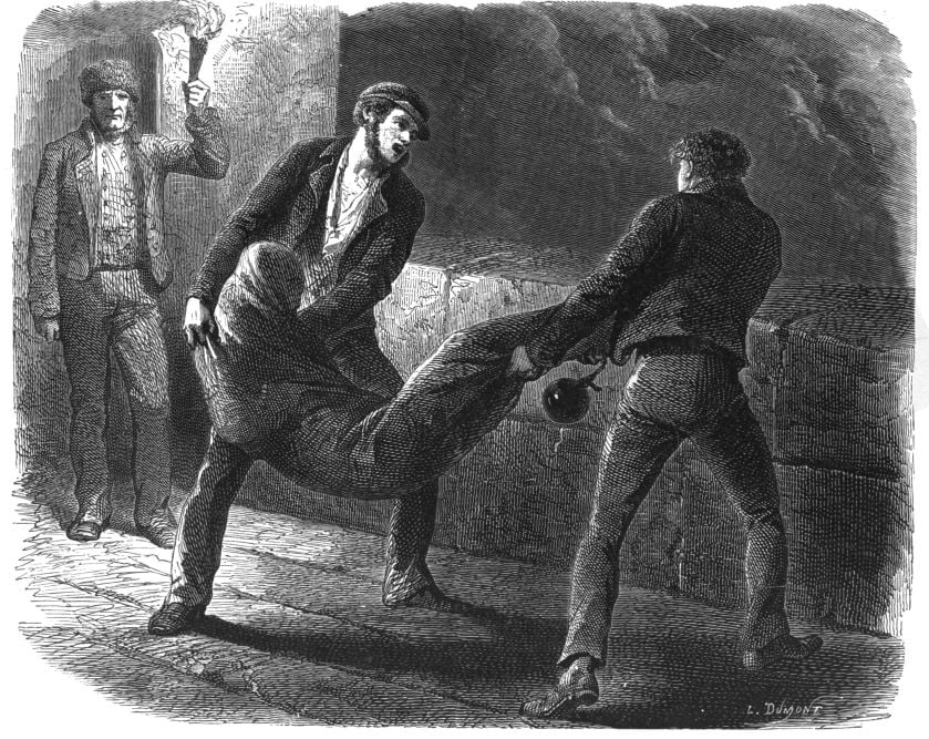 An engraving of Edmond Dantès being thrown into the stormy sea in a burial sack.