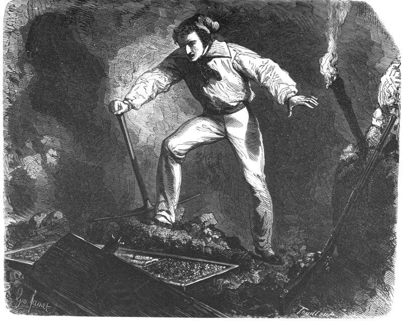 An engraving of Edmond Dantès finding the Abbé Faria's treasure on the island of Monte Cristo.