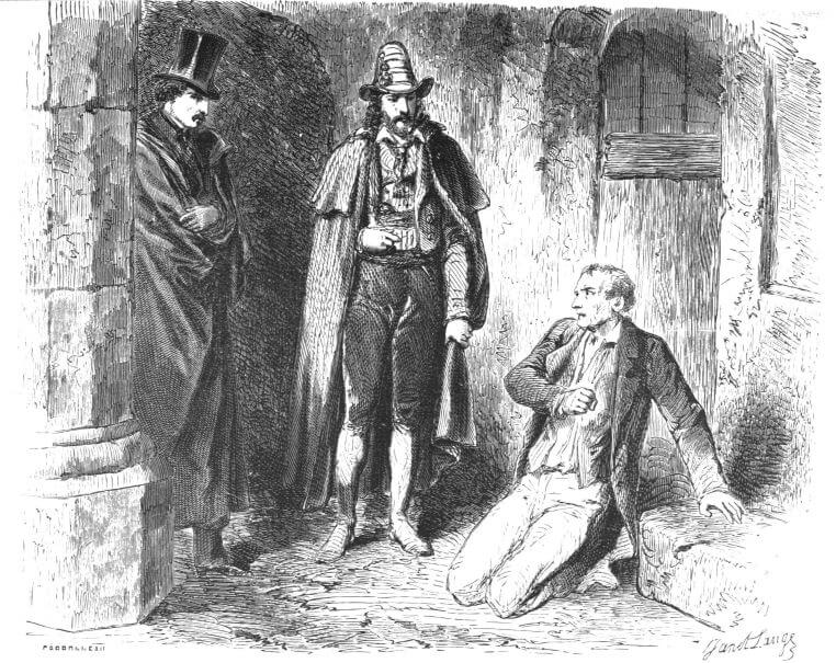 Edmond Dantès taking revenge on Monsieur Danglar, who has been captured.