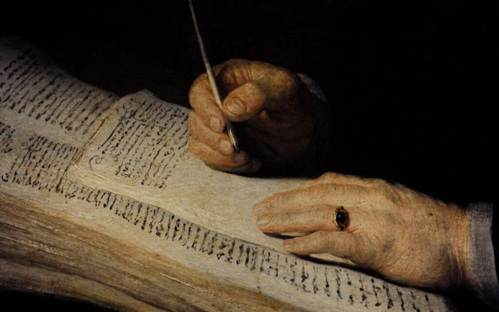 A painting of a scholar's hands, writing on paper with a quill.