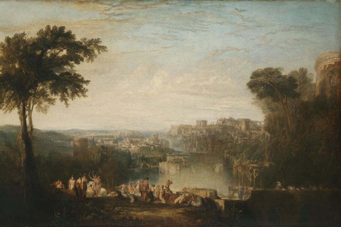 Painting of Dido and Aeneas looking down on the city of Carthage.