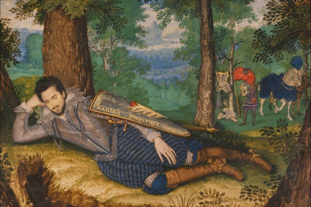 A painting of Edward Herbert, First Baron of Cherbury, reclining in the grass.