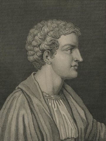 An engraving showing a profile portrait of a young Horace.