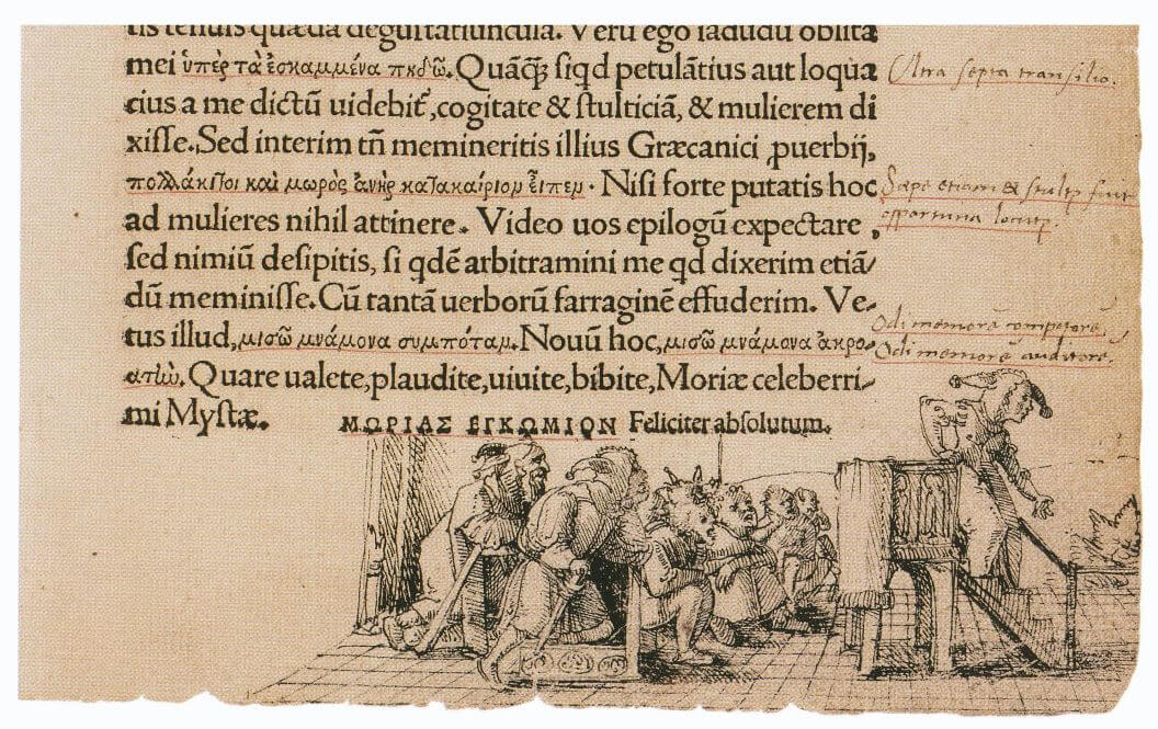 A marginal drawing in The Praise of Folly, showing Folly stepping down from the pulpit.
