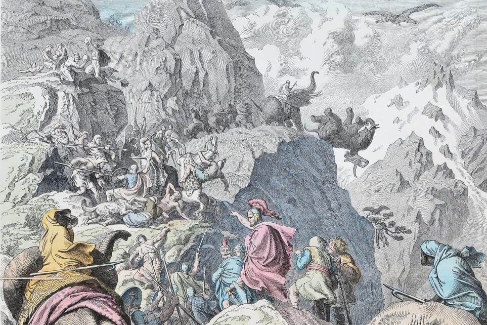 Hannibal leading his troops across the of the Alps, with elephants falling from the mountain ridges.