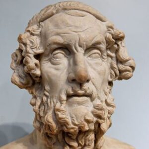 A bust of Homer, the blind bard, with a flowing beard and gazing eyes.