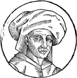 A woodcut portrait of Josquin des Prez.