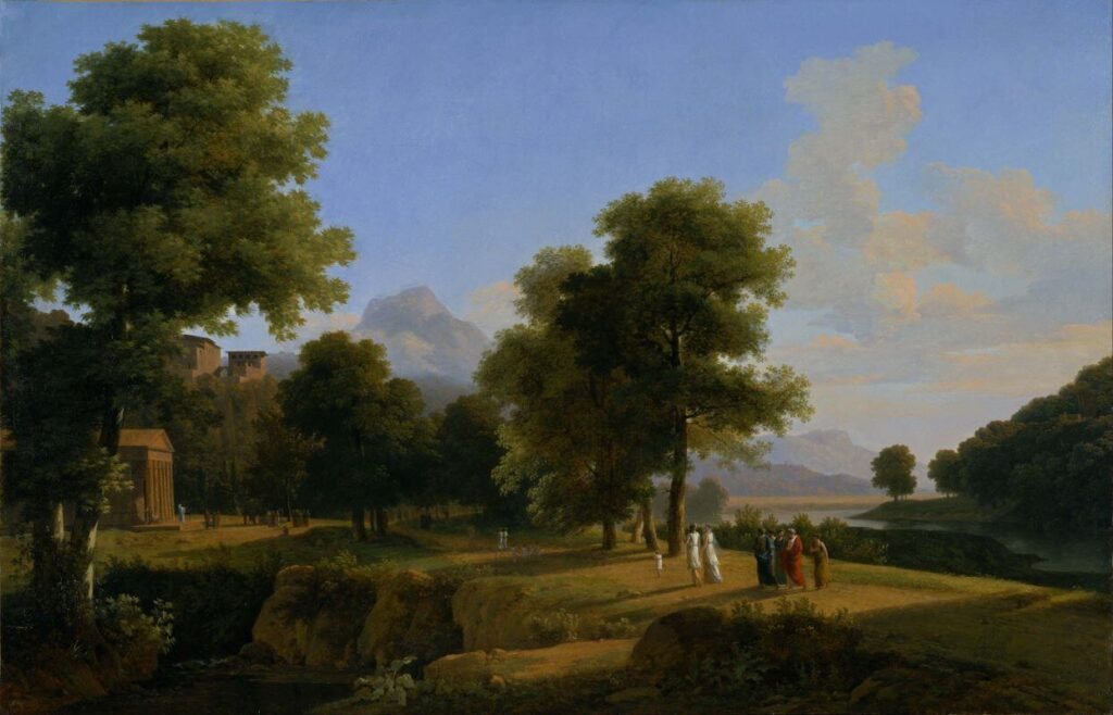 Painting of an idyllic and pastoral landscape set in ancient Greece.