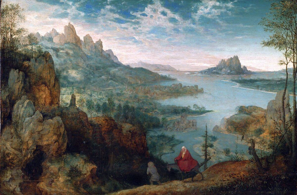 A Renaissance landscape painting depicting Joseph and Maria's Flight into Egypt.