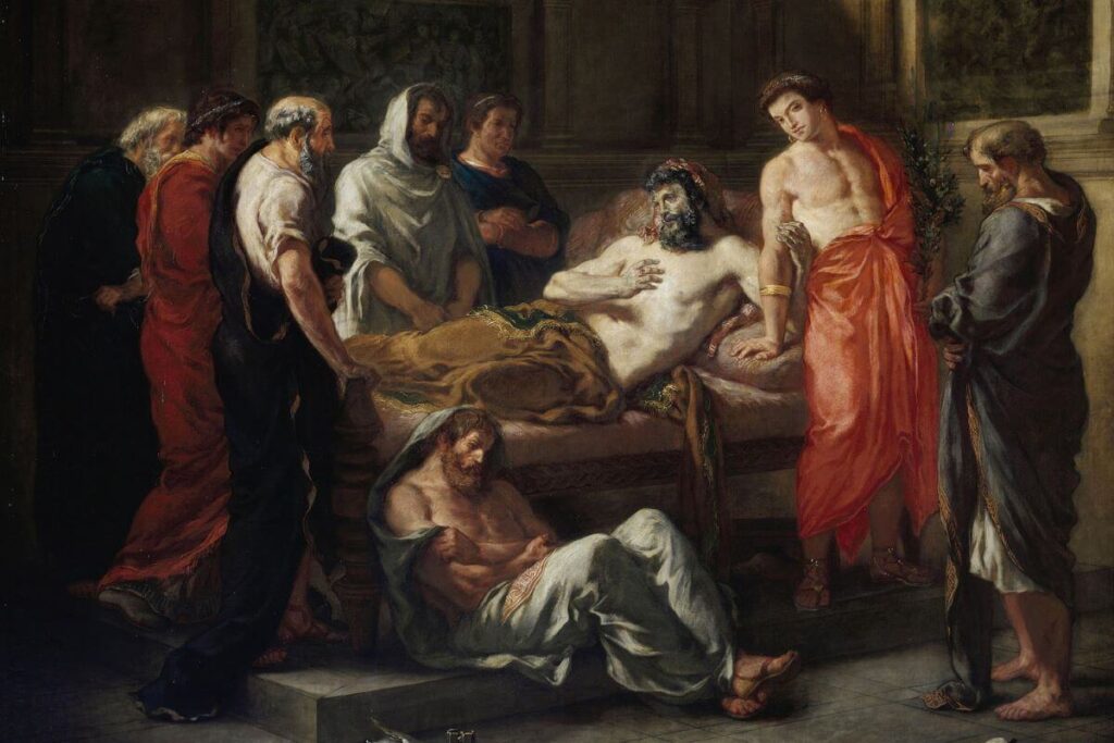 Emperor Marcus Aurelius speaking his last on his deathbed.