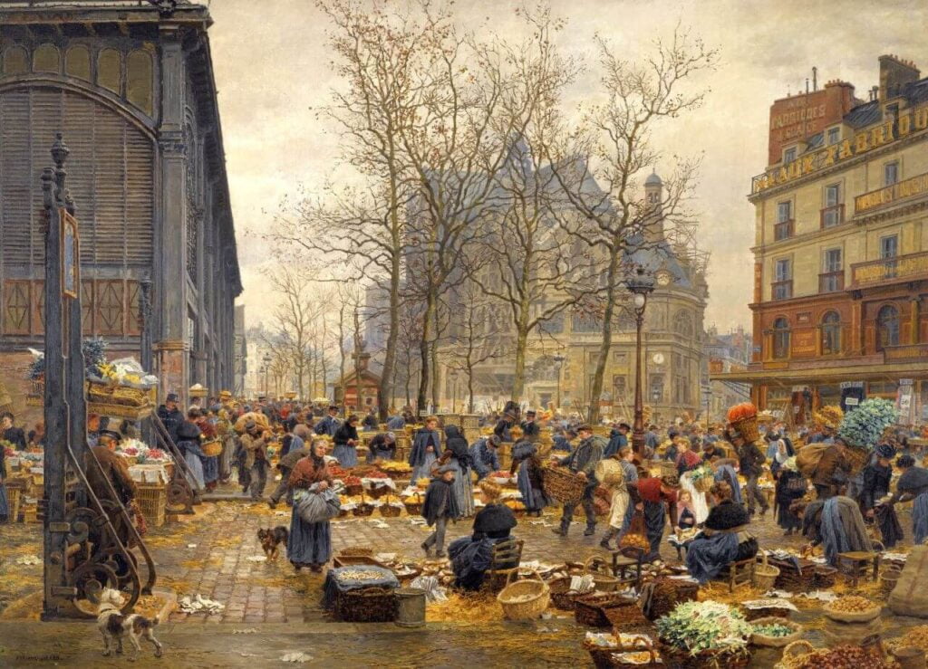 A 19th-century painting of the autumn market Les Halles in Paris